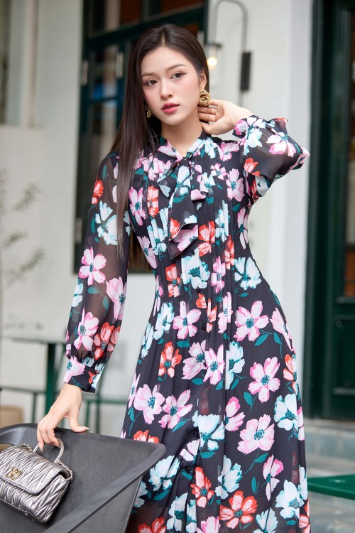 Sixdo Black Floral Chiffon Loose Dress